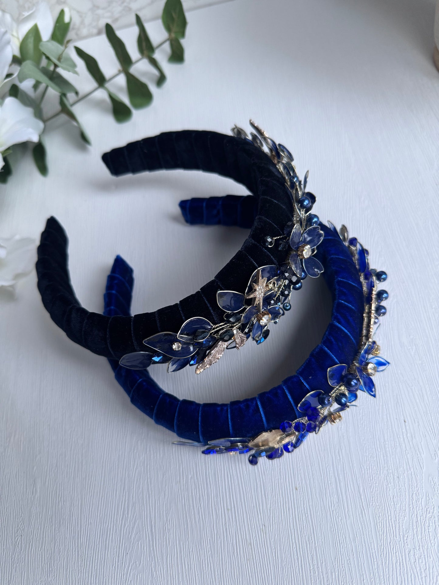 Navy and Royal Blue high padded headpiece Navy and Royal Blue high padded headpiece Precius pearls