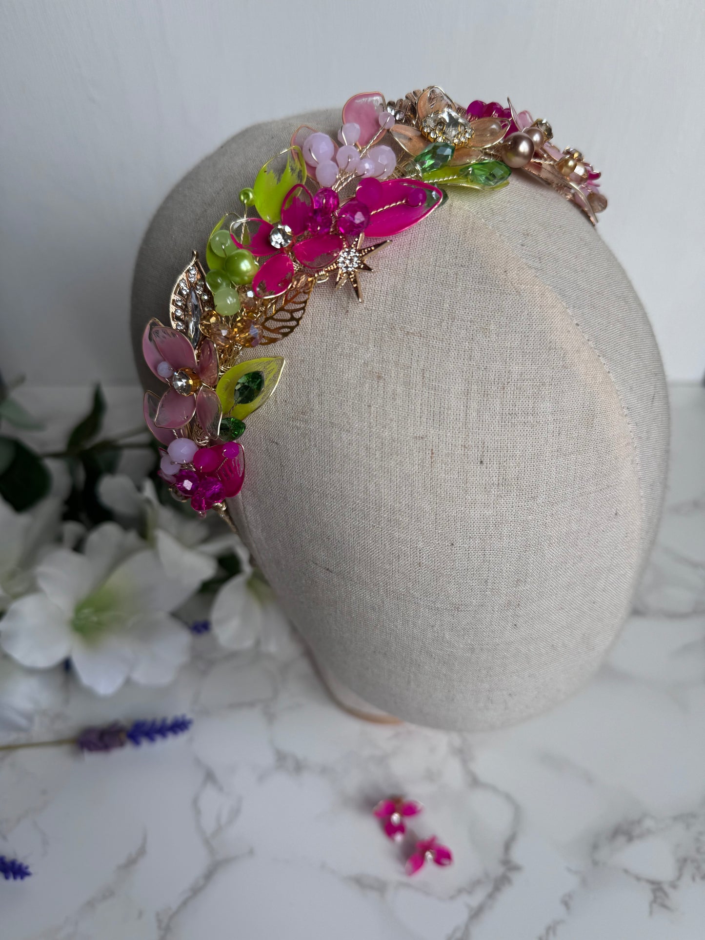 Lime, Pink and Gold Headpiece Lime, Pink and Gold Headpiece Precius pearls