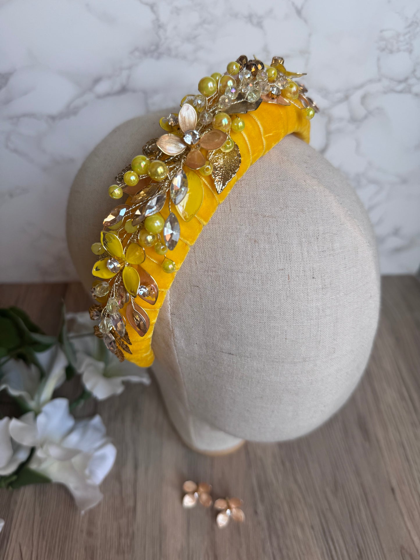 Yellow Gold padded headpiece Yellow Gold padded headpiece Precius pearls