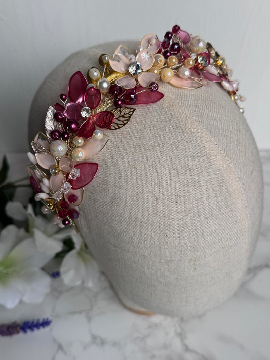 Berry/Burgundy and beige flower and leaf halo Berry/Burgundy and beige flower and leaf halo Precius pearls