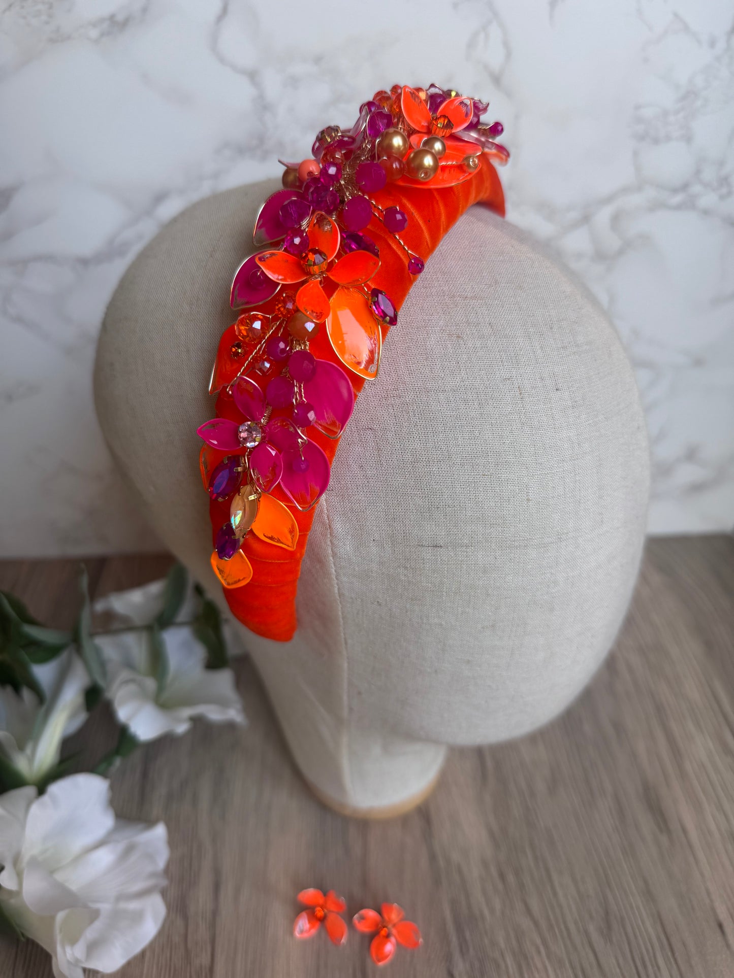 Orange and Fucshia padded headpiece Orange and Fucshia padded headpiece Precius pearls