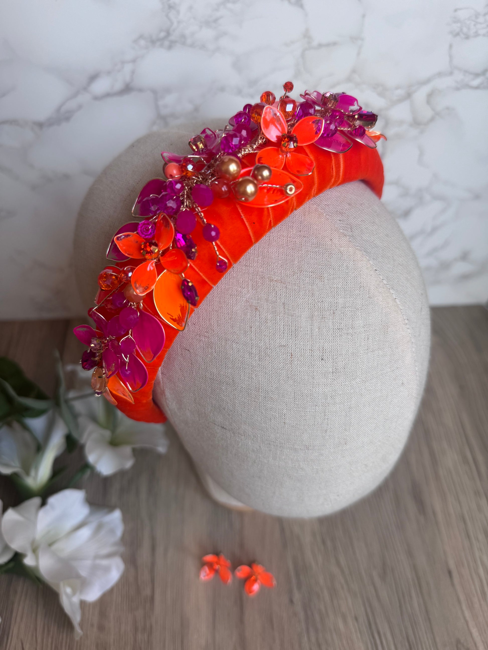 Orange and Fucshia padded headpiece Orange and Fucshia padded headpiece Precius pearls