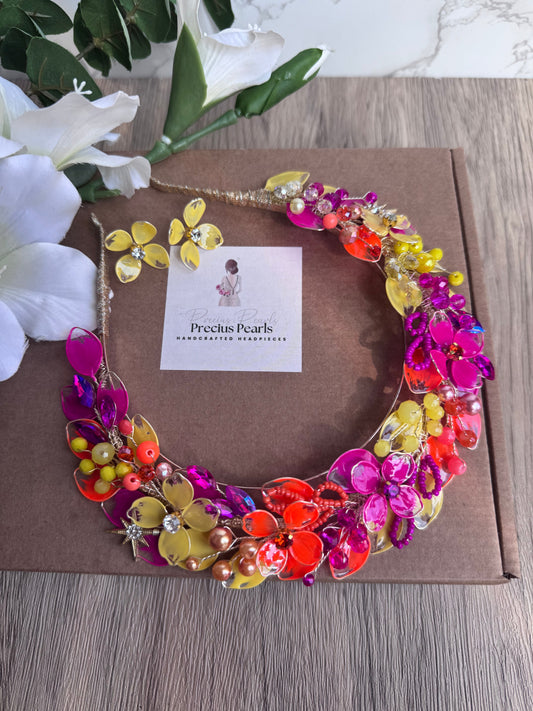 Fucshia, Yellow and Orange wedding guest headpiece Fucshia, Yellow and Orange wedding guest headpiece Precius pearls