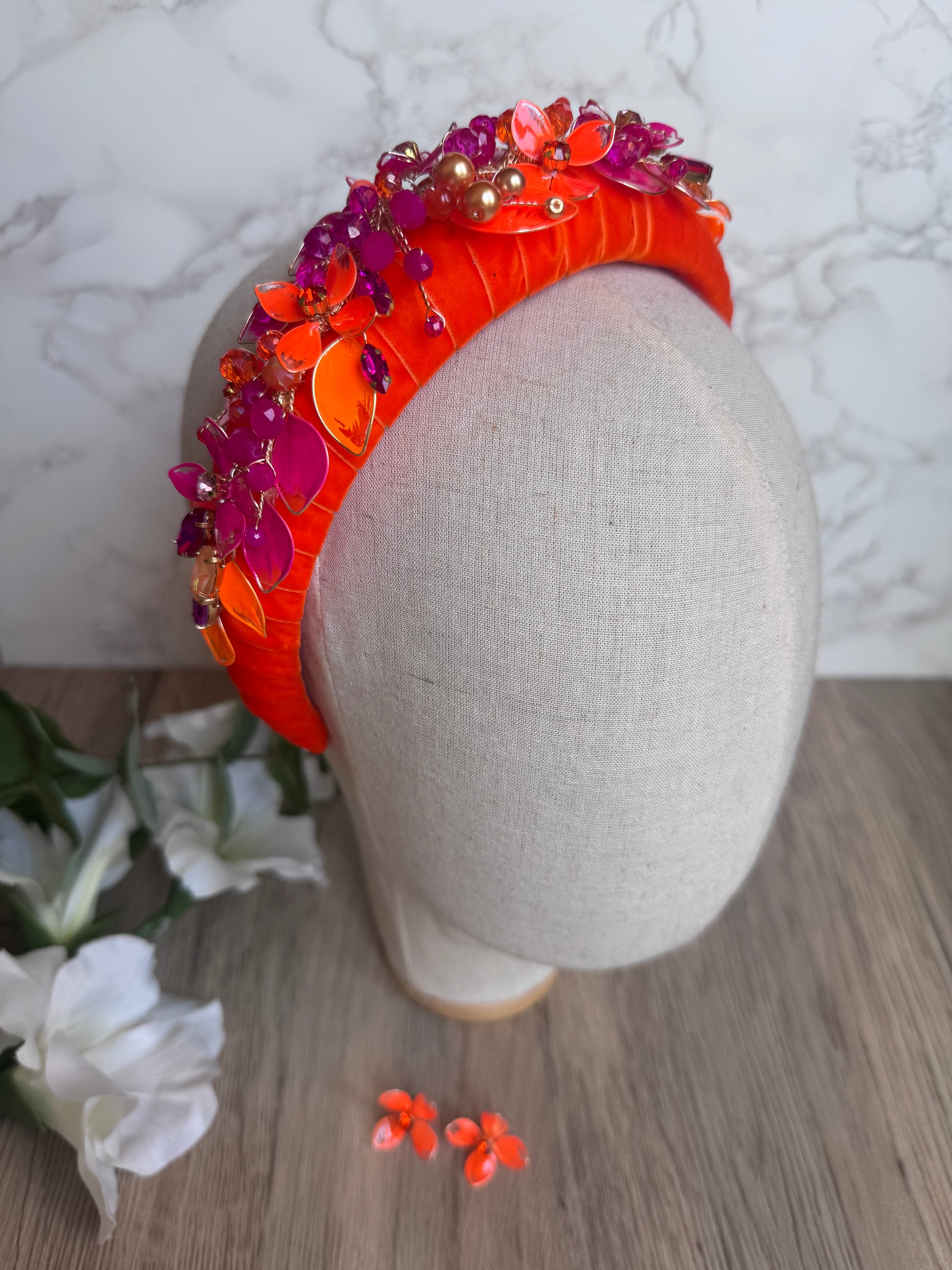 Orange and Fucshia padded headpiece Orange and Fucshia padded headpiece Precius pearls